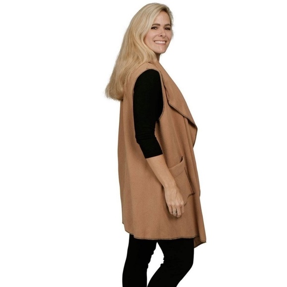Le Moda Open Front Fleece Vest Cardigan Long Line Camel Soft Pockets Lagenlook - Picture 11 of 14